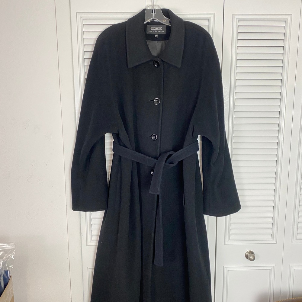 VTG Pierrette Saks Fifth Avenue Men 14 Black Pure Cashmere Belted Overcoat Swiss